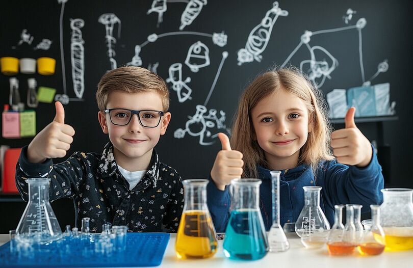 Zdjęcie: uśmiechnięci dziewczynka i chłopiec siedzą przez probówkami, z kolorowymi cieczami