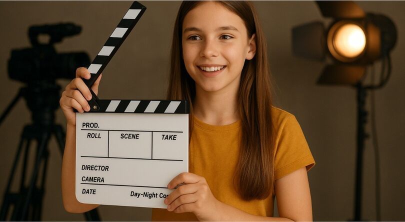 Zdjęcie: uśmiechnięta nastolatka z tabliczką światła kamera akcja, w tle lampa