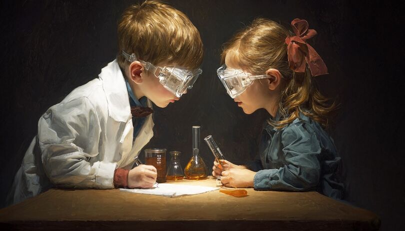 Zdjęcie: dziewczynka i chłopiec w okularach ochronnych, siedzący na przeciwko siebie, z probówkami w rękach