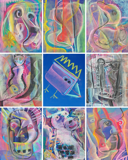 Kolaż dziewięciu prac namalowanych pastelami