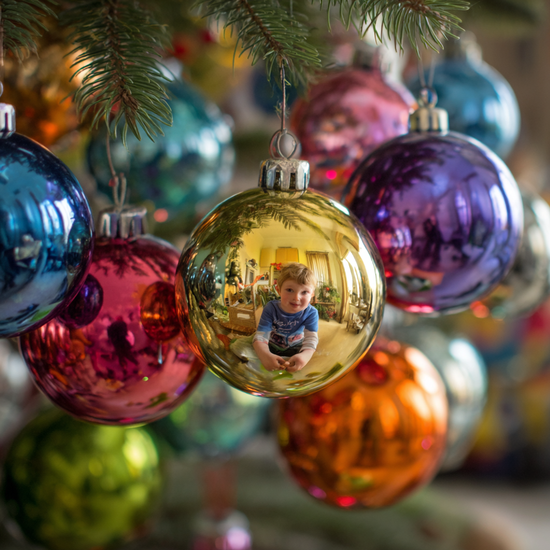 Zdjęcie: kolorowe bombki na choince, w jednej odbicie sylwetki dziecka