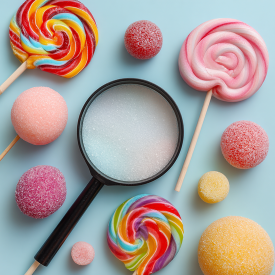 Zdjęcie: kolorowe słodycze na niebieskim tle z lupą i cukrem pod spodem na środku grafiki