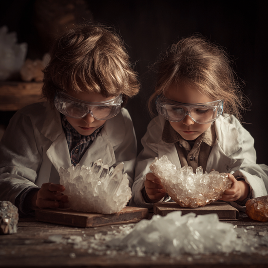 Zdjęcie: chłopiec i dziewczynka w okularach ochronnych pochyleni nad kryształami