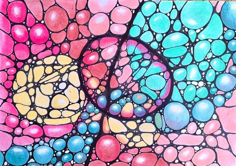 Zdjęcie: rysunek neurograficzny z dominującym kolorem różowym i turkusowym