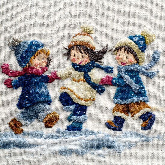 Zdjęcie: Makatka prezentująca troje dzieci bawiących się na śniegu