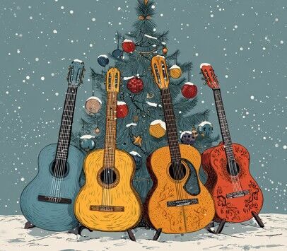 Grafika: cztery gitary kolorowe, oparte o choinkę