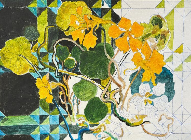 Zdjęcie: Obraz na wielobarwnym tle, żółte kwiaty i zielone łodygi