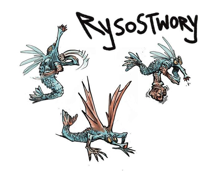 Grafika: Rysostwory, trzy fruwające postacie