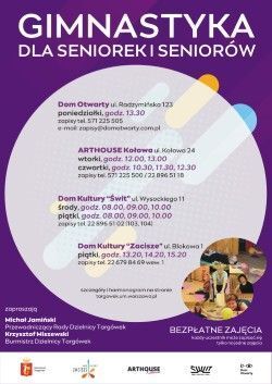 Plakat Gimnastyka dla Seniorek i Seniorów. Napis w kółku białym. Tło fioletowe