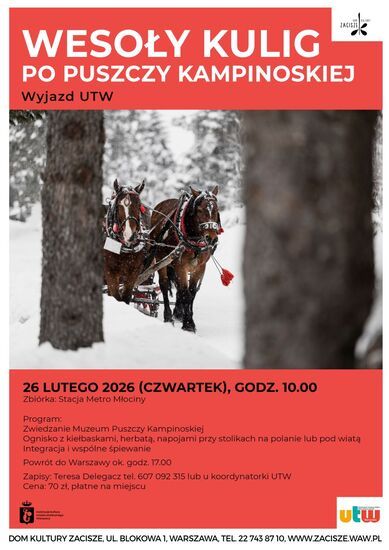 Plakat: Konie w zaprzęgu na śniegu w lesie