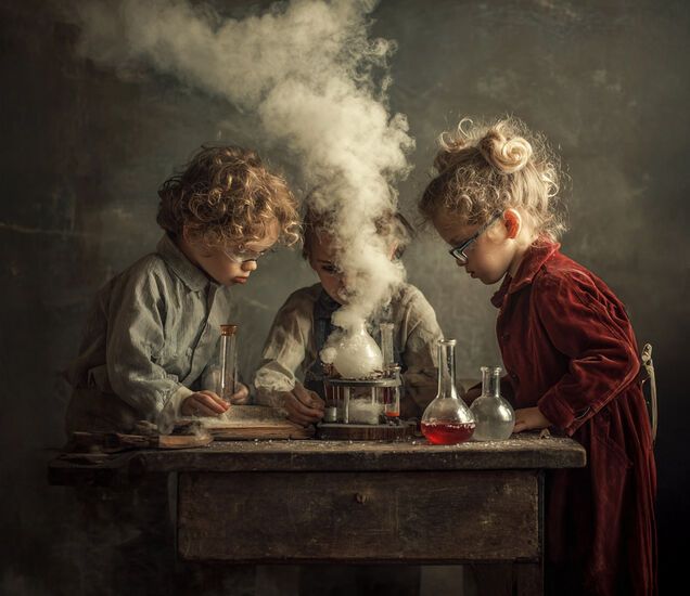 Zdjęcie: trójka dzieci na szarym tle przy parującym szklanym naczyniu