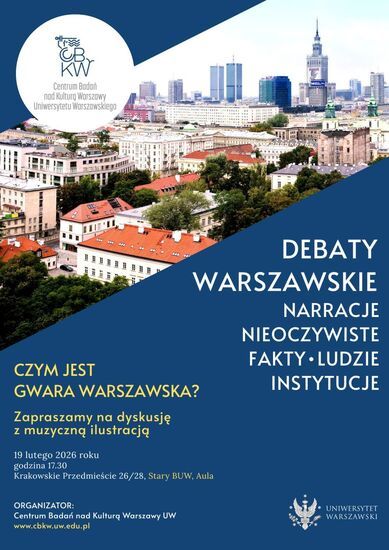 Plakat zapraszający na spotkanie Gwara warszawska. Na niebieskim tle fragment zdjęcia Warszawy