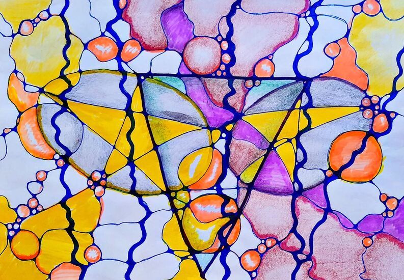 Zdjęcie: rysunek neurograficzny z dominującym kolorem różowym i fioletowym, z żółtymi akcentami