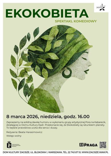 Plakat: Na jasnozielonym tle głowa kobiety w zielonej chustce z listkami