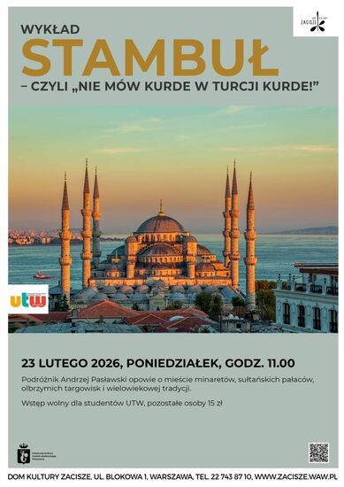 Plakat: Na szaro -zielonym tle w oddali Hagia Sophia