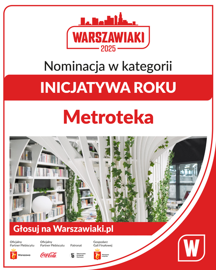 Zdjęcie: grafika w biało-czerwonych barwach z napisem na górze WARSZAWIAKI 2025, pośrodku zdjęcie pomieszczenia z książkami z białymi regałami