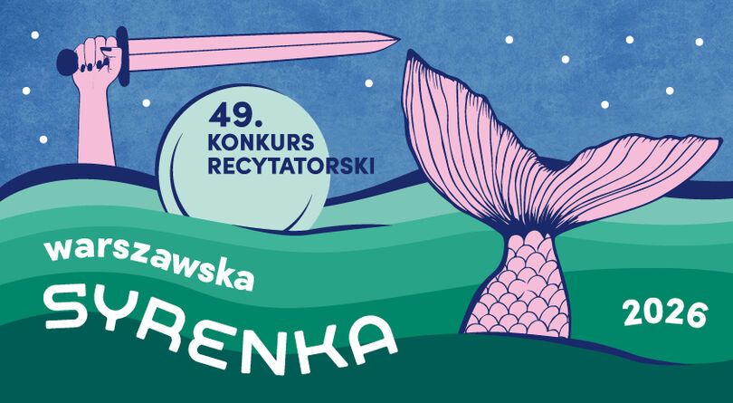 Zdjęcie: Syrenka zatopiona w wodzie w kolorze zielonym, na powierzchni tarcza, ręka i ogon, niebieskie tło. 49. Konkurs Recytatorski Warszawska Syrenka
