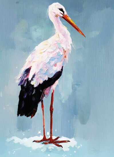 Zdjęcie: bocian na jasnoniebieskim tle namalowany farbą akrylową