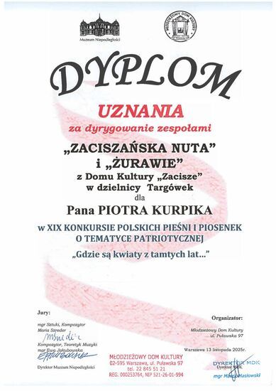 Zdjęcie dyplomu dla Piotra Kurpika