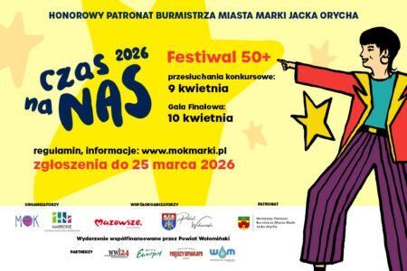 Plakat festiwalu Czas na Nas. Na żółtym tle czarne napisy, po prawej stronie postać mężczyzny w fioletowych spodniach i czerwonej marynarce