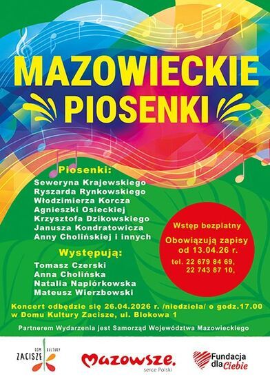 Plakat: Mazowieckie Piosenki, kolorowa grafika z nutami na pięciolini