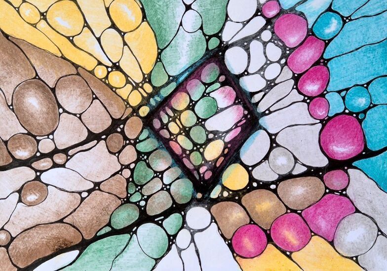 rysunek neurograficzny w różnych kolorach: niebieskim, różowy, żółtym, zielonym i brązowym z wyraźniejszymi, grubszymi liniami pośrodku w czarnym kolorze