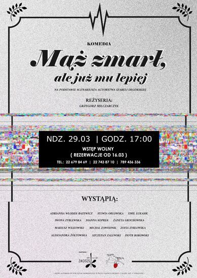 Zdjęcie: Plakat Mąż Zmarł, ale już mu lepiej 29 marca 2026, godz.17.00, szara grafika z czarną czcionką, na wzór nekrologu