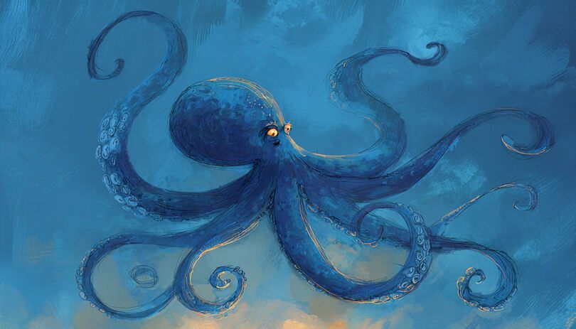 Zdjęcie: grafika przedstawiająca ośmiornicę w granatowym kolorze na niebieskim tle