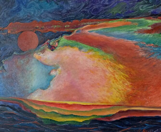 Obraz: Zachód słońca, olej 2014, autorstwa Krystyny Bachanek