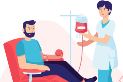 Grafika: Pielęgniarka i pacjent na fotelu oddający krew