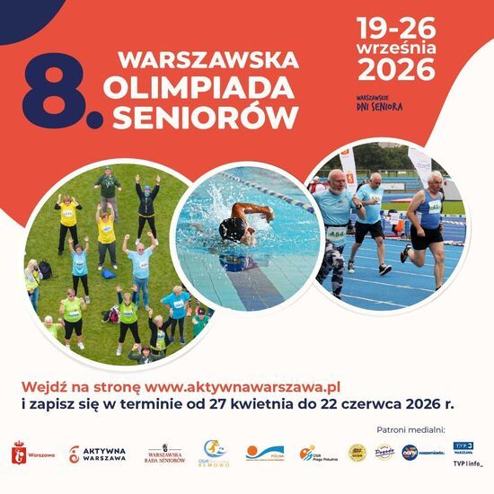 Plakat  Napis na czerwonym tle 8. Warszawska Olimpiada Seniorów, na białym w kółkach zdjęcia seniorów