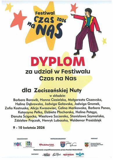 Zdjęcie dyplomu za udział dla zespołu Zaciszańska Nuta. Napisy czerwone i czarne na żółtym, po prawej stronie grafika mężczyzny