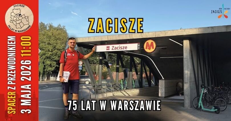 Plakat: Na tle wejścia do metra Zacisze mężczyzna w czerwonej koszulce i krótkich spodniach