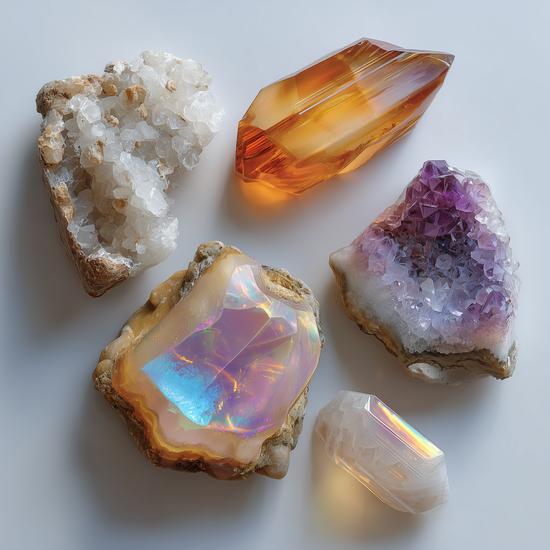 Zdjęcie: kilka kolorowych minerałów o różnej strukturze na jasnym tle
