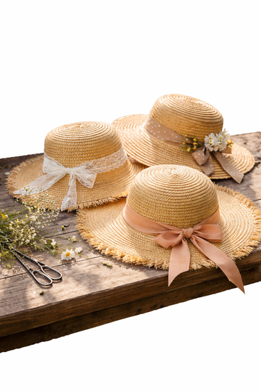 Zdjęcie: Grafika trzy kapelusze słomkowe leżące na desce