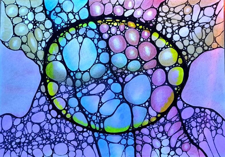 Zdjęcie: rysunek neurograficzny w różnych kolorach: niebieskim, fioletowym, różowy i zielonym z wyraźniejszymi, grubszymi liniami pośrodku w czarnym kolorze