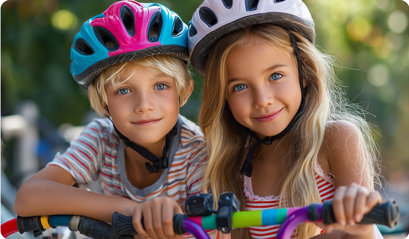 Zdjęcie: uśmiechnięci chłopiec i dziewczynka w kaskach rowerowych trzymający kierownicę od roweru w dłoniach