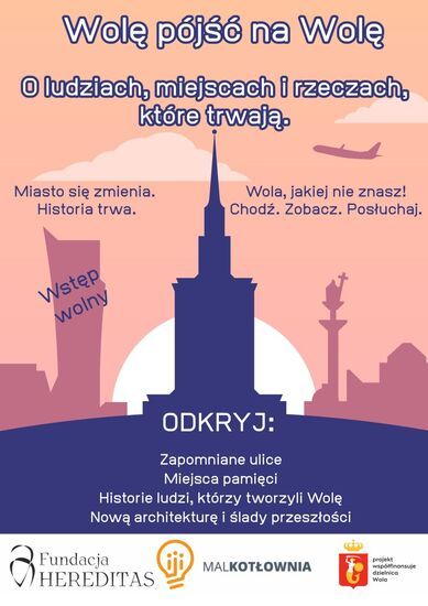 Plakat: Na różowym tle na środku granatowy zarys budynku Pałacu Kultury i Nauki, po prawej stronie ciemnoróżowy zarys kolumny Zygmunta, po lewej wieżowca