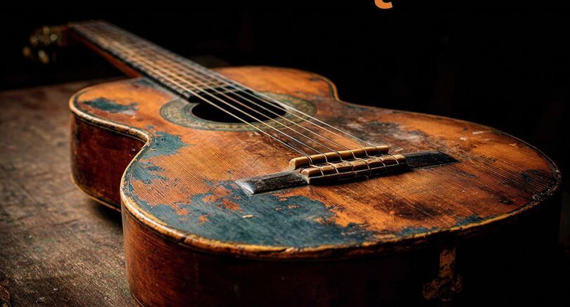 Zdjęcie: grafika przedstawiająca leżącą gitarę z wyraźnymi odpryskami farby