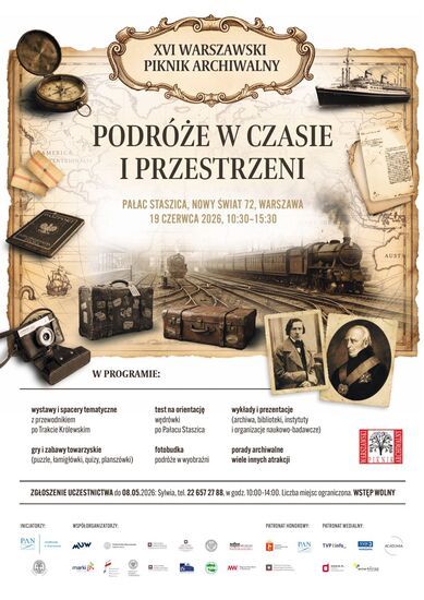 Plakat XVI Warszawskiego Pikniku Archiwalnego, zdjęcie portretowe mężczyzny, walizki