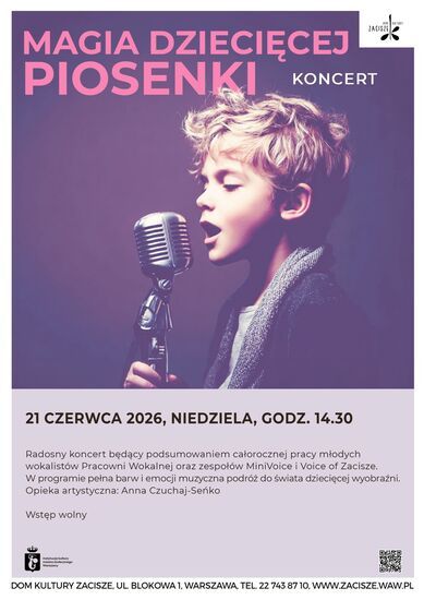 Plakat: Koncert Magia dziecięcej piosenki, grafika: kilkuletni chłopiec, blondyn przy mikrofonie