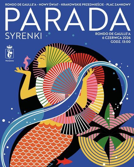 Grafika: Parada Syrenki, granatowe tło, wielobarwna syrenka z motywem pasków, trzymająca na dłoni małe zwierzę