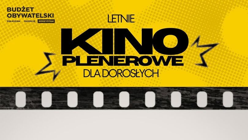 Zdjęcie: grafika na żółtym tle z napisem Letnie kino plenerowe dla dorosłych z filmową czarną taśmą pośrodku