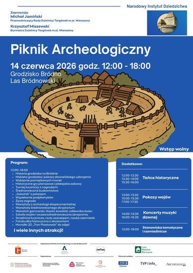 Plakat: niebieska grafika, przedstawiająca gród, Piknik Archeologiczny, na dolnym pasku