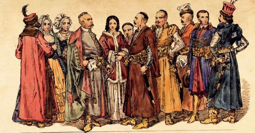 Obraz: Mężczyzni w historycznych strojach z okresu stanisławowskiego, foto:https://varsavianista.pl/index.php/2021/03/14/ubiory-w-stanislawowskiej-warszawie/
