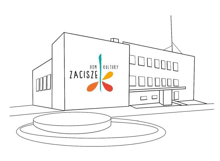 Grafika: rysunek domu kultury zacisze z kolorowym logo