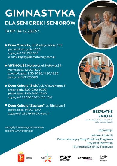 Plakat zajęć Gimnastyka dla Seniorek i Seniorów, w kółkach zdjęcia ćwiczących seniorek i seniorów