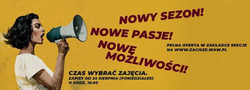 Plakat: Kobieta trzymająca megafon przenośny zapraszająca do zapisów na zajecia w nowym sezonie
