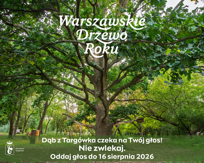Zdjęcie: grafika z zielonym dębem i dużym białym napisem Warszawskie Drzewo Roku