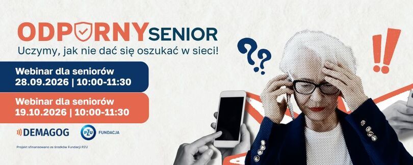Plakat Oporny Senior. Kobieta rozmawiająca przez telefon, obok zaproszenie na webinaria